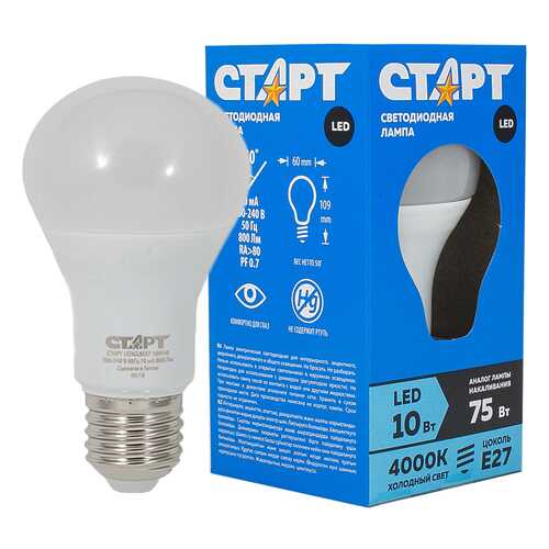 Лампа светодиодная СТАРТ LEDGLSE27 10W, груша, холодный свет, арт. СТАРТ LEDGLSE27 10W 40 в Фамилия